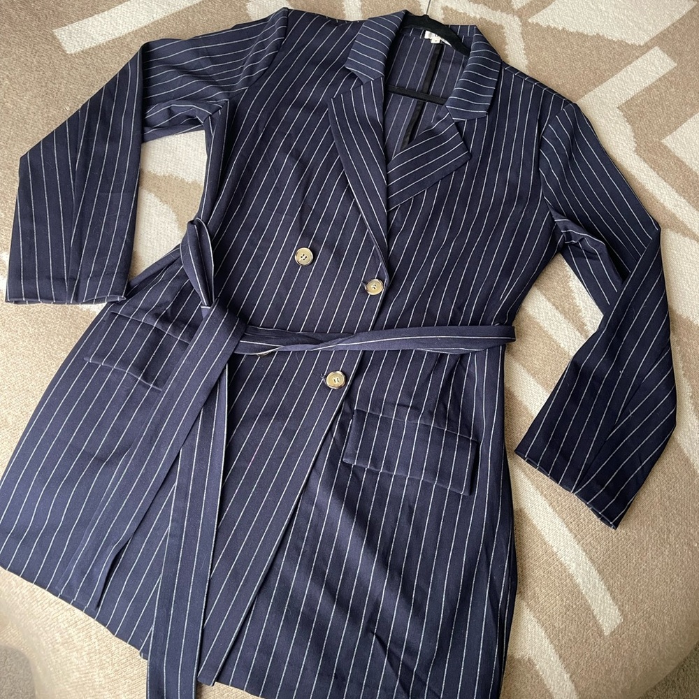 Revolve LPA Navy Pinstripe Wrap Jacket/Blazer - Size: S